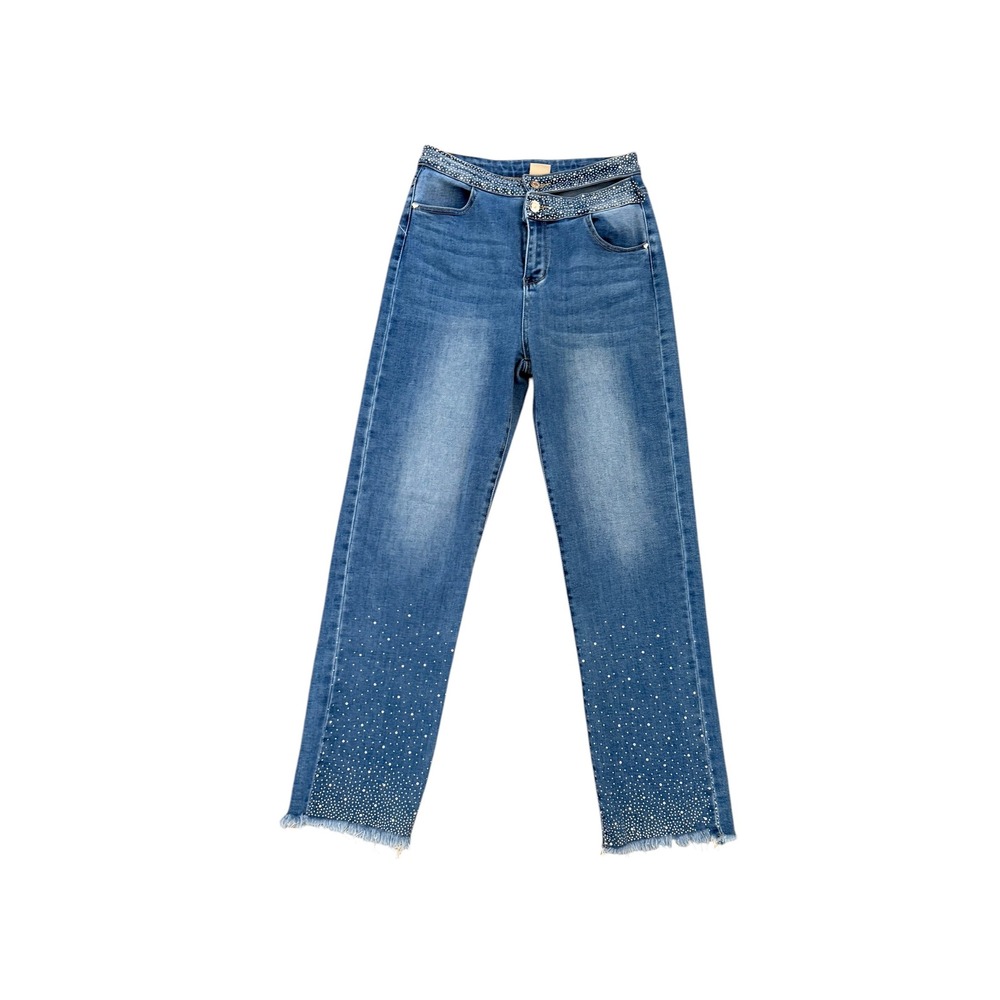 Nina Rossi Womens Rhinestone Embellished High Waist Straight Leg Jeans Blue L